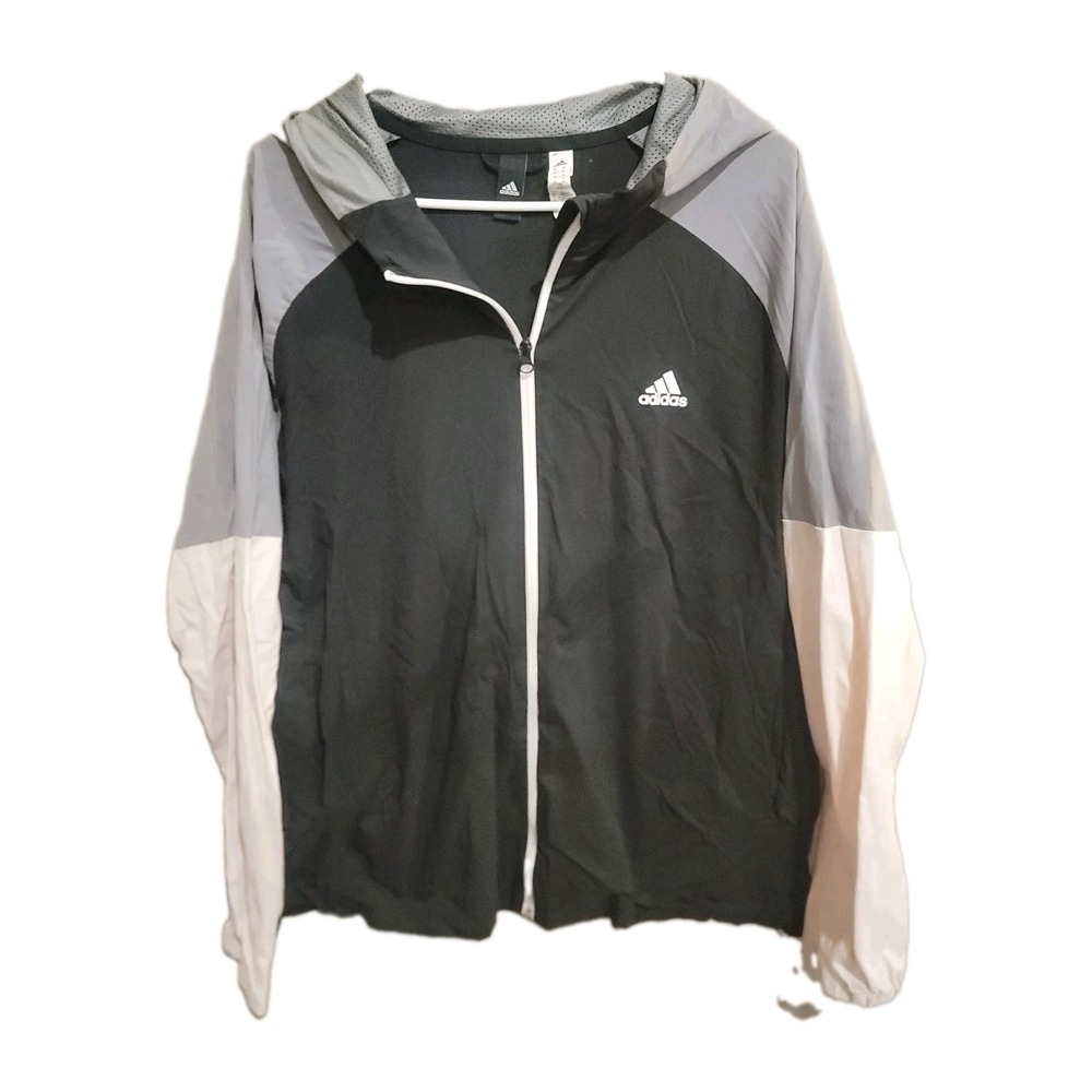 Adidas Mens XL Colorblock Windbreaker Full Zip Hooded‎ Jacket Black Grey White